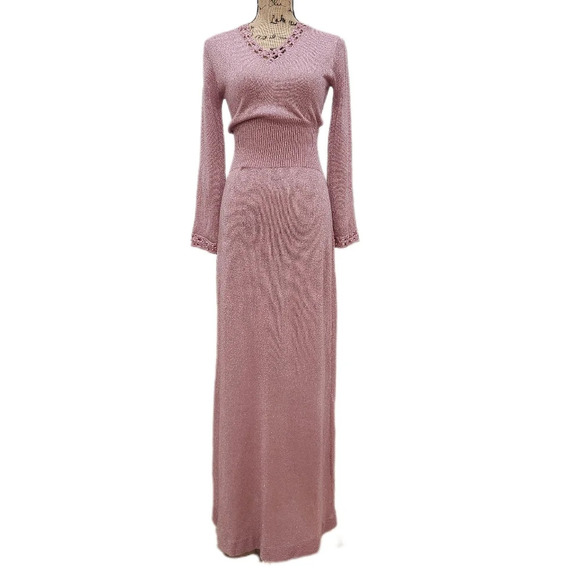 VINTAGE 70s Shayne METALLIC ROSE GLITTER Maxi Dress ,Long Sleeve,Women's Small - Picture 1 of 9
